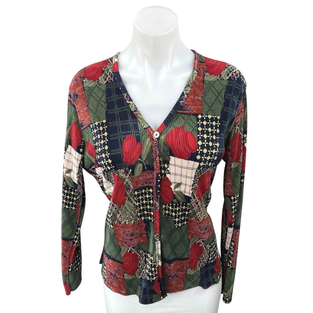 Plisse Red Corduroy Floral Patchwork Long Sleeve Button Up Blouse Top Size L